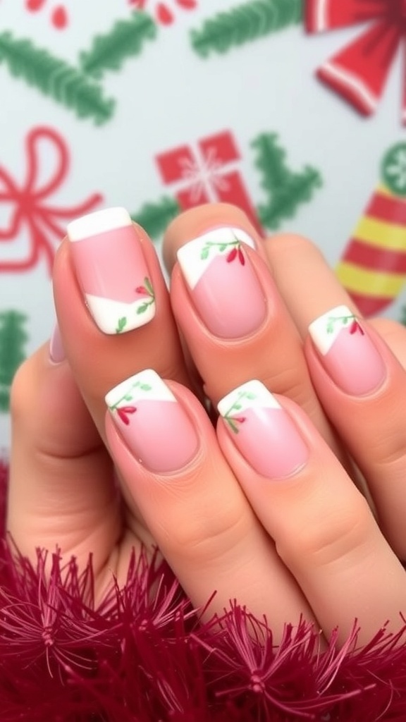 Short French tip acrylic nails for kids with Christmas designs in red and green.